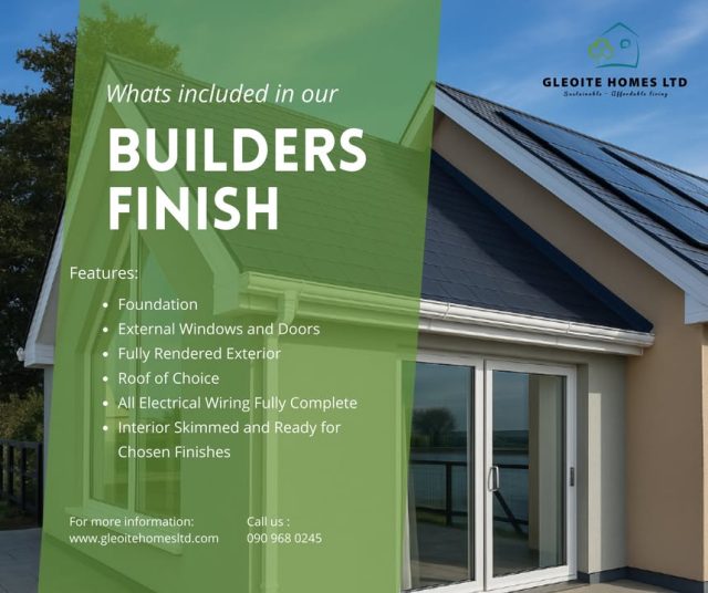 What does a builder’s finish actually mean? 🤔

With Gleoite Homes, it means we’ve done the heavy lifting so you can focus on the fun part,  making it yours!

Here’s what we include:
🧱 Kore insulated foundation raft
🚪 External windows and doors
🎨 A fully rendered exterior
🏠 Flat roof (or another style you prefer)
💡 All wiring sorted
🚿 Plumbing first fix in place
🧽 Inside skimmed and ready for your final touches

It’s the perfect blank canvas, just add your style.

Ready to get started? Drop us a message, we’d love to hear what you have in mind!

gleoitehomesltd.ie | gleoitehomesltd@gmail.com

#Gleoitehomesltd #buildersfinish #modularhomes #renovationsgalway #Galwaybuilder