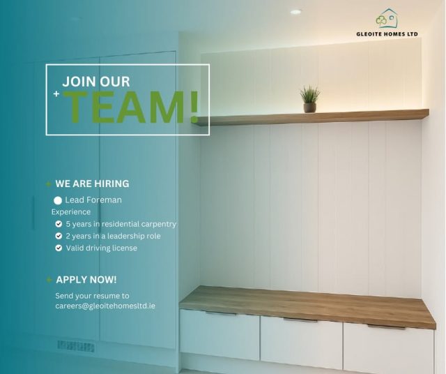 We’re hiring – Lead Working Foreman (Carpentry)

Gleoite Homes Ltd is looking for an experienced Lead Working Foreman to join our team. This role will suit someone with strong carpentry skills, a proven ability to manage on-site teams, and a commitment to high-quality workmanship.

If you have the experience to lead by example and deliver exceptional results, we would like to hear from you.

📍 Based in Galway
📅 Full-time position

🔗 View the full job description and apply here: Lead Foreman - Carpentry 

Apply now by emailing your CV to careers@gleoitehomesltd.ie

Link: https://ie.indeed.com/viewjob?jk=9ff905353ace454c&from=shareddesktop_copy

#Hiring #ConstructionJobs #Carpentry #Foreman #JoinOurTeam #GalwayJobs