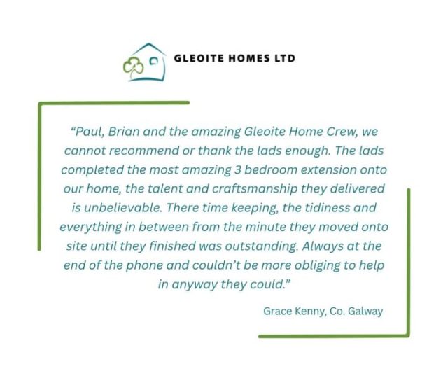 🛠️ Another happy customer!

We’re delighted to share this lovely review along with some photos of the finished project. 

💬 “We cannot recommend or thank the lads enough. The lads completed the most amazing 3 bedroom extension onto our home... we will definitely miss the lads and all the craic we had over the process of building our dream extension."

Thanks again to Grace for trusting us with the job. 

#gleoitehomesltdgalway #galwaybuilders #sustainablehomes #qualitywork #clientfeedback