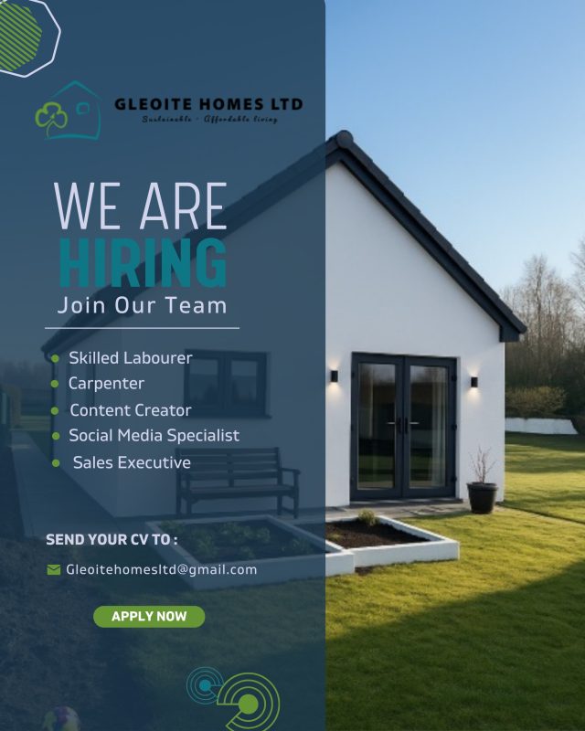 We’re hiring!

Gleoite Homes Ltd is growing, and we’re looking for great people to join our team. We have several roles available across different areas of the business.

If you’re passionate about quality, teamwork, and building a better future, we’d love to hear from you.

📍 Based in Galway
📩 To apply or learn more, email: Gleoitehomesltd@gmail.com

#gleoitehomesltd #modularhomesgalway #gleoitehomesltdgalway #galwaybuilders