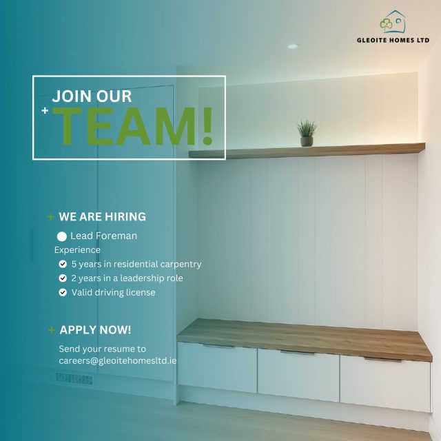 We’re hiring – Lead Working Foreman (Carpentry)

Gleoite Homes Ltd is looking for an experienced Lead Working Foreman to join our team. This role will suit someone with strong carpentry skills, a proven ability to manage on-site teams, and a commitment to high-quality workmanship.

If you have the experience to lead by example and deliver exceptional results, we would like to hear from you.

📍 Based in Galway
📅 Full-time position

🔗 View the full job description and apply here: 

Link: https://ie.indeed.com/viewjob?jk=9ff905353ace454c&from=shareddesktop_copy

Or email your CV to careers@gleoitehomesltd.ie

#Hiring #ConstructionJobs #Carpentry #leadforeman  #JoinOurTeam #GalwayJobs